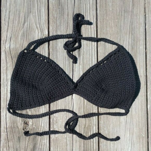 Womens Bikini Top Beach Crop Boho Goddess Sexy Bralette Black Handmade Crochet L - Picture 6 of 6